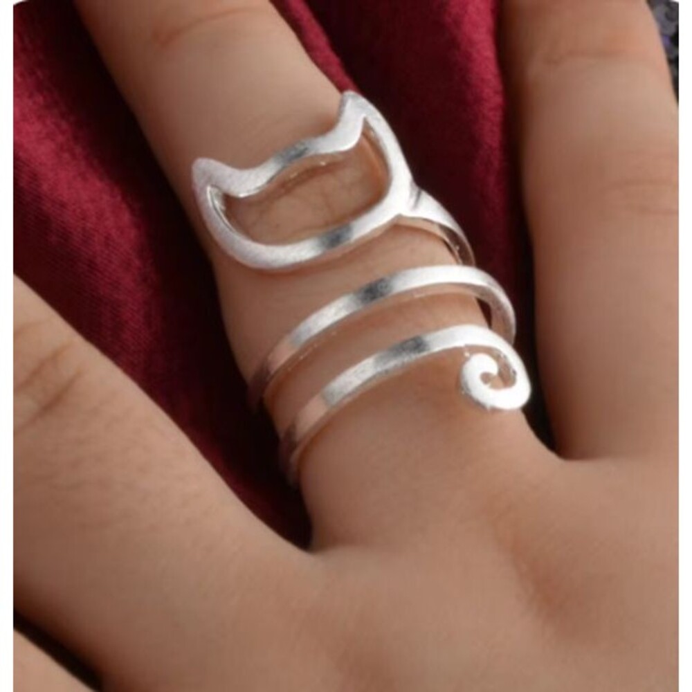 Silver Hollow Cat Kitten Long Tail Wrap Ring